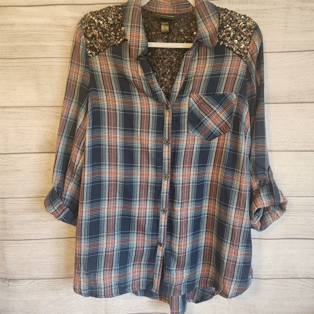 Wendy Bellissimo Boho Plaid Sequin Shoulder Western Shacket Top M